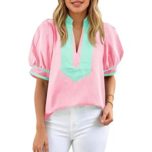 imageCicy Bell Womens Color Block Puff Sleeve Blouses Summer Casual Dressy V Neck Tops Loose Fit Tee ShirtsPink