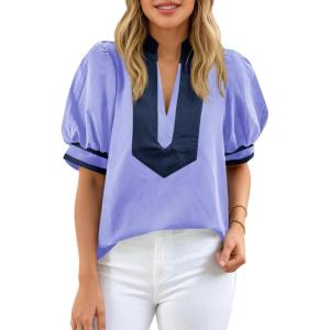 imageCicy Bell Womens Color Block Puff Sleeve Blouses Summer Casual Dressy V Neck Tops Loose Fit Tee ShirtsPurple