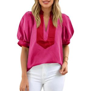 imageCicy Bell Womens Color Block Puff Sleeve Blouses Summer Casual Dressy V Neck Tops Loose Fit Tee ShirtsRose Red