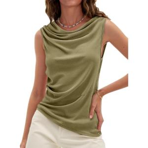 imageCicy Bell Womens Cowl Neck Tank Tops 2026 Summer Off The Shoulder Asymmetrical Ruched Tops Going Out Sleeveless ShirtsArmy Green