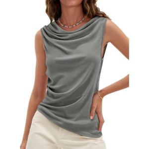 imageCicy Bell Womens Cowl Neck Tank Tops 2026 Summer Off The Shoulder Asymmetrical Ruched Tops Going Out Sleeveless ShirtsGrey