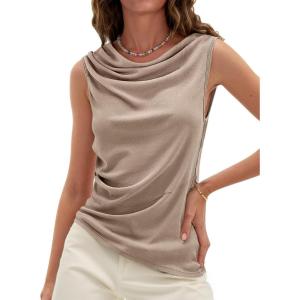 imageCicy Bell Womens Cowl Neck Tank Tops 2026 Summer Off The Shoulder Asymmetrical Ruched Tops Going Out Sleeveless ShirtsKhaki