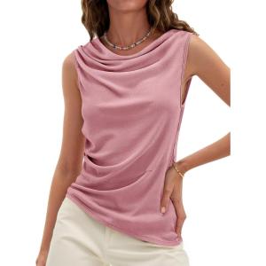 imageCicy Bell Womens Cowl Neck Tank Tops 2026 Summer Off The Shoulder Asymmetrical Ruched Tops Going Out Sleeveless ShirtsPink