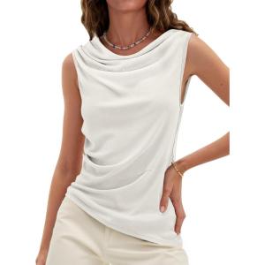 imageCicy Bell Womens Cowl Neck Tank Tops 2026 Summer Off The Shoulder Asymmetrical Ruched Tops Going Out Sleeveless ShirtsWhite