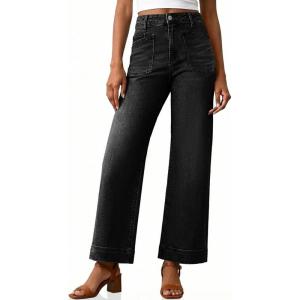 imageCicy Bell Womens Cropped Wide Leg Jeans Stretchy High Waisted Trendy Capri Baggy Denim Ankle Pants with PocketsBlack