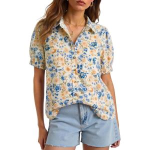 imageCicy Bell Womens Floral Printed Button Down Shirts Summer Casual Puff Short Sleeve Collared V Neck Blouses Work TopsBeige