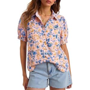 imageCicy Bell Womens Floral Printed Button Down Shirts Summer Casual Puff Short Sleeve Collared V Neck Blouses Work TopsPink