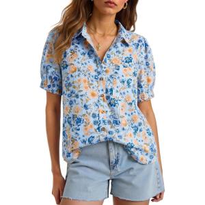imageCicy Bell Womens Floral Printed Button Down Shirts Summer Casual Puff Short Sleeve Collared V Neck Blouses Work TopsSky Blue