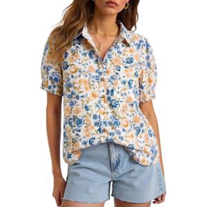 imageCicy Bell Womens Floral Printed Button Down Shirts Summer Casual Puff Short Sleeve Collared V Neck Blouses Work TopsWhite