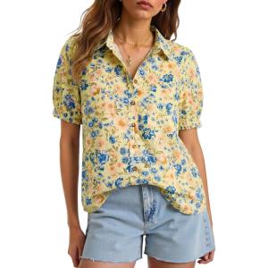 imageCicy Bell Womens Floral Printed Button Down Shirts Summer Casual Puff Short Sleeve Collared V Neck Blouses Work TopsYellow