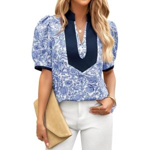 imageCicy Bell Womens Floral Short Puff Sleeve Tops V Neck Patchwork Boho Summer Blouses Dressy Casual ShirtsBlue