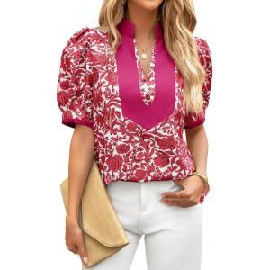 imageCicy Bell Womens Floral Short Puff Sleeve Tops V Neck Patchwork Boho Summer Blouses Dressy Casual ShirtsBurgundy