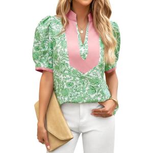 imageCicy Bell Womens Floral Short Puff Sleeve Tops V Neck Patchwork Boho Summer Blouses Dressy Casual ShirtsGreen