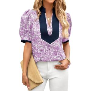 imageCicy Bell Womens Floral Short Puff Sleeve Tops V Neck Patchwork Boho Summer Blouses Dressy Casual ShirtsPurple