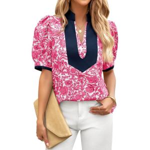 imageCicy Bell Womens Floral Short Puff Sleeve Tops V Neck Patchwork Boho Summer Blouses Dressy Casual ShirtsRose Red