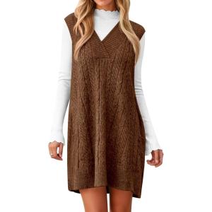 imageCicy Bell Womens Oversized Sweater Vest Dress V Neck Sleeveless Fall Trendy Casual Knit Cable Mini DressesBrown