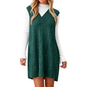 imageCicy Bell Womens Oversized Sweater Vest Dress V Neck Sleeveless Fall Trendy Casual Knit Cable Mini DressesDark Green