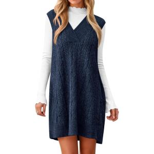 imageCicy Bell Womens Oversized Sweater Vest Dress V Neck Sleeveless Fall Trendy Casual Knit Cable Mini DressesNavy