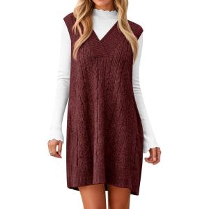 imageCicy Bell Womens Oversized Sweater Vest Dress V Neck Sleeveless Fall Trendy Casual Knit Cable Mini DressesWine Red