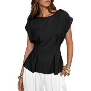 imageCicy Bell Womens Peplum Tops Summer Babydoll Cap Sleeve TShirts Dressy Casual Crew Neck Pleated BlousesBlack