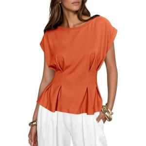 imageCicy Bell Womens Peplum Tops Summer Babydoll Cap Sleeve TShirts Dressy Casual Crew Neck Pleated BlousesBrick Red