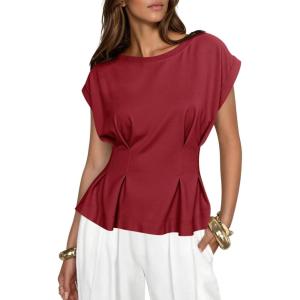 imageCicy Bell Womens Peplum Tops Summer Babydoll Cap Sleeve TShirts Dressy Casual Crew Neck Pleated BlousesBurgundy