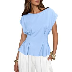 imageCicy Bell Womens Peplum Tops Summer Babydoll Cap Sleeve TShirts Dressy Casual Crew Neck Pleated BlousesLight Blue