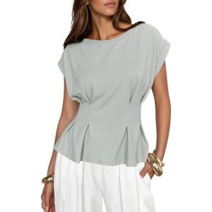 imageCicy Bell Womens Peplum Tops Summer Babydoll Cap Sleeve TShirts Dressy Casual Crew Neck Pleated BlousesLight Grey