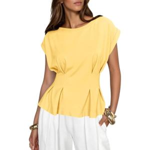 imageCicy Bell Womens Peplum Tops Summer Babydoll Cap Sleeve TShirts Dressy Casual Crew Neck Pleated BlousesLight Yellow