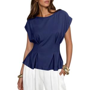 imageCicy Bell Womens Peplum Tops Summer Babydoll Cap Sleeve TShirts Dressy Casual Crew Neck Pleated BlousesNavy