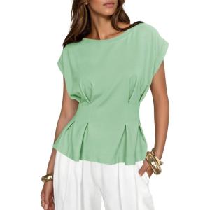 imageCicy Bell Womens Peplum Tops Summer Babydoll Cap Sleeve TShirts Dressy Casual Crew Neck Pleated BlousesPea Green