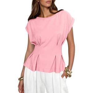 imageCicy Bell Womens Peplum Tops Summer Babydoll Cap Sleeve TShirts Dressy Casual Crew Neck Pleated BlousesPink
