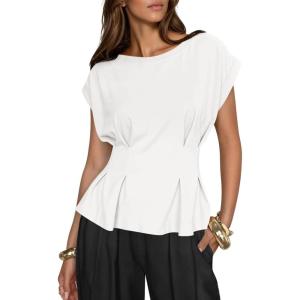 imageCicy Bell Womens Peplum Tops Summer Babydoll Cap Sleeve TShirts Dressy Casual Crew Neck Pleated BlousesWhite