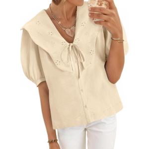 imageCicy Bell Womens Peter Pan Collar Button Down Shirts Puff Short Sleeve Summer Casual Eyelet Tops Cotton Loose Fit BlousesApricot