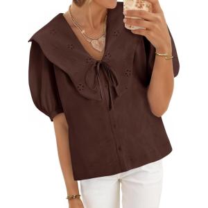imageCicy Bell Womens Peter Pan Collar Button Down Shirts Puff Short Sleeve Summer Casual Eyelet Tops Cotton Loose Fit BlousesBrown