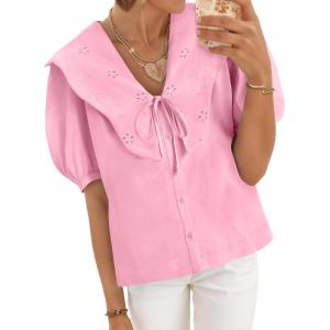 imageCicy Bell Womens Peter Pan Collar Button Down Shirts Puff Short Sleeve Summer Casual Eyelet Tops Cotton Loose Fit BlousesPink