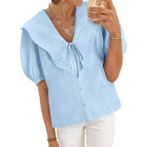 imageCicy Bell Womens Peter Pan Collar Button Down Shirts Puff Short Sleeve Summer Casual Eyelet Tops Cotton Loose Fit BlousesSky Blue