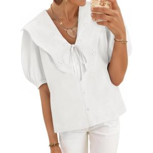 imageCicy Bell Womens Peter Pan Collar Button Down Shirts Puff Short Sleeve Summer Casual Eyelet Tops Cotton Loose Fit BlousesWhite