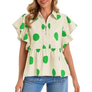 imageCicy Bell Womens Polka Dot Babydoll Tops Peplum Ruffle Cap Sleeve Blouses Summer Casual Half Button Up ShirtsApricot