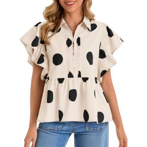 imageCicy Bell Womens Polka Dot Babydoll Tops Peplum Ruffle Cap Sleeve Blouses Summer Casual Half Button Up ShirtsBeige