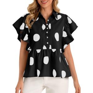 imageCicy Bell Womens Polka Dot Babydoll Tops Peplum Ruffle Cap Sleeve Blouses Summer Casual Half Button Up ShirtsBlack