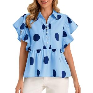 imageCicy Bell Womens Polka Dot Babydoll Tops Peplum Ruffle Cap Sleeve Blouses Summer Casual Half Button Up ShirtsBlue