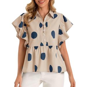 imageCicy Bell Womens Polka Dot Babydoll Tops Peplum Ruffle Cap Sleeve Blouses Summer Casual Half Button Up ShirtsKhaki