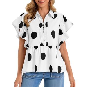 imageCicy Bell Womens Polka Dot Babydoll Tops Peplum Ruffle Cap Sleeve Blouses Summer Casual Half Button Up ShirtsWhite