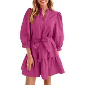 imageCicy Bell Womens Puff 34 Sleeve Mini Dresses Bow Tie Waist V Neck Casual Trendy Ruffle Tiered Short DressRose Red