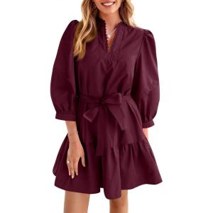 imageCicy Bell Womens Puff 34 Sleeve Mini Dresses Bow Tie Waist V Neck Casual Trendy Ruffle Tiered Short DressWine Red