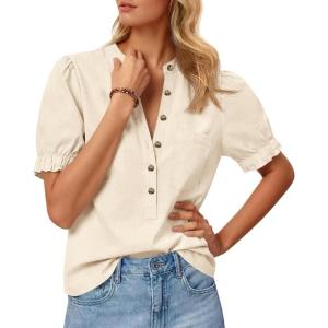 imageCicy Bell Womens Puff Short Sleeve Blouses Summer Casual Half Button Down Collared Shirts Cotton Loose Fit Work TopsBeige