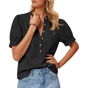 imageCicy Bell Womens Puff Short Sleeve Blouses Summer Casual Half Button Down Collared Shirts Cotton Loose Fit Work TopsBlack
