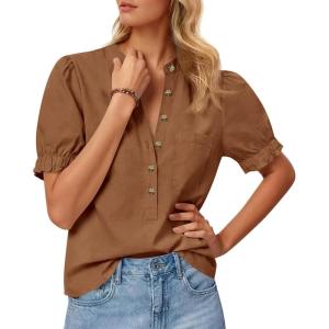 imageCicy Bell Womens Puff Short Sleeve Blouses Summer Casual Half Button Down Collared Shirts Cotton Loose Fit Work TopsBrown