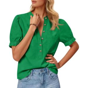 imageCicy Bell Womens Puff Short Sleeve Blouses Summer Casual Half Button Down Collared Shirts Cotton Loose Fit Work TopsGreen
